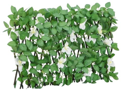 Owoxanthellate Erweiterbares Rankgitter mit künstlichem Efeu 20–180 cm Breite Holz PVC Sichtschutz grün für Garten Balkon Terrasse als dekorativer Gartenzaun Rankhilfe