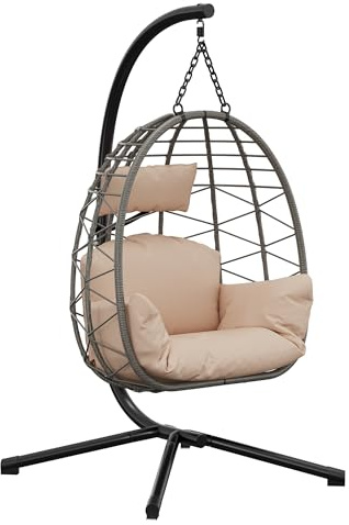 Hängesessel mit Gestell Outdoor bis 150 kg belastbar, Rattan Hängesessel mit Metallgestell, ideal als Hängesitz Indoor mit Gestell für Garten, Terrasse & Balkon Beige