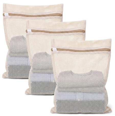 3 Stück Netz Wäschesäcke Reise, Baumwoll Wäschebeutel, 39 X 30 CM Wäschesäcke für Waschmaschine, Schonende Wäschesäckchen, Waschsack, Wash Bag für Strümpfe, Unterwäsche, Bh, Dessous, Babykleidung