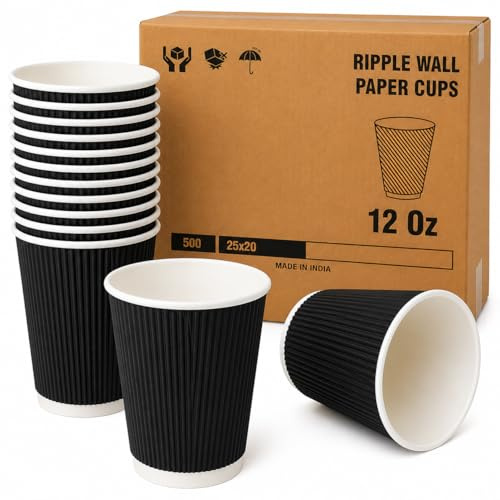 1ABOVE 500 x 12oz Black Ripple Paper Coffee Cups – Strong 3-Ply Insulated Disposable Hot Cups, Leak-Proof, Recyclable & Eco-Friendly, Ideal for Coffee, Tea, Hot Chocolate & Takeaway Drinks