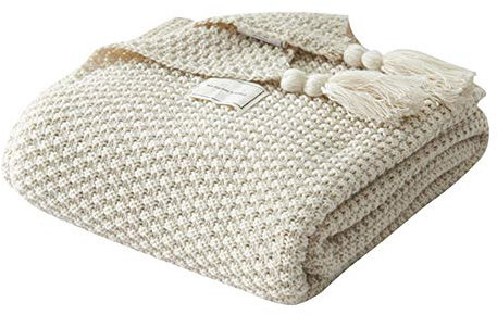UnvfRg Nordic Handgemachte Strickdecke, modischer Überwurf, für Sofa, Bett und als Zudecke, Polyester baumwolle, beige, 130x170cm