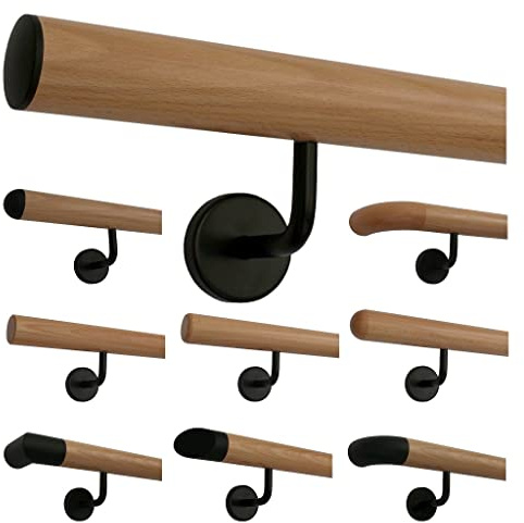 Faggio Corrimano Ringhiera Verniciato Nero Supporto ad Angolo + Tappi Finali Pronti per L'Installazione in Set - Leggero Convesso Nero Cappelli, 170 cm mit 3 Halter