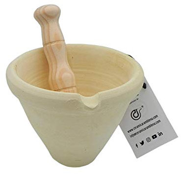 CERÁMICA RAMBLEÑA | Mortero Cocina | Mortero Cerámica | Mortero con maza | Mortero Barro Tradicional de La Rambla (Córdoba) | 100% Hecho a Mano | 15x15x10 cm