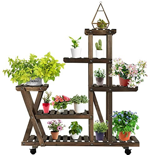 Yaheetech Pflanzentreppe Holz Blumenständer mit Rollen Pflanzenregal Blumenregal Balkon Blumentreppe Holz Blumenbank Mehrstöckig 97,5 x 33 x 101cm