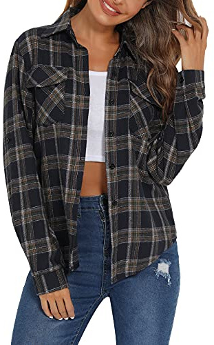Enjoyoself 100% Cotton Women Flannel Plaid Shirt Blouse Long Sleeve Button Down Boyfriend Casual Check Shirts Classic Tops