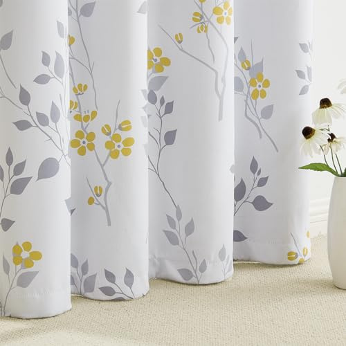 Beauoop Gelb Blickdicht Vorhänge Blätter Blumen Muster Vintage Vorhänge mit Ösen Botanisch Themovorhang Verdunkelungsvorhänge für Bauernhaus Wohnzimmer Schlafzimmer 2er Set, 132 x 175 cm (HxB)