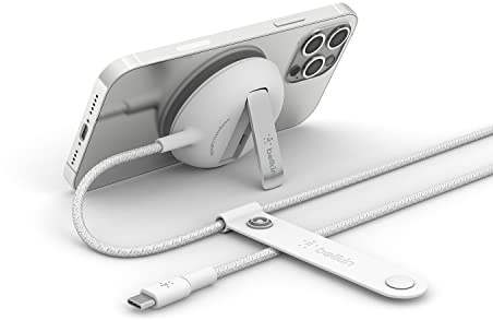 Belkin Wireless Charger, Fast Charging Up to 15W w/Official Made-for-MagSafe Module and Pad Style, Metal Kickstand for iPhone 14, 14 Plus, 14 Pro, 14 Pro Max, 13, 12 and Other MagSafe iPhones - White