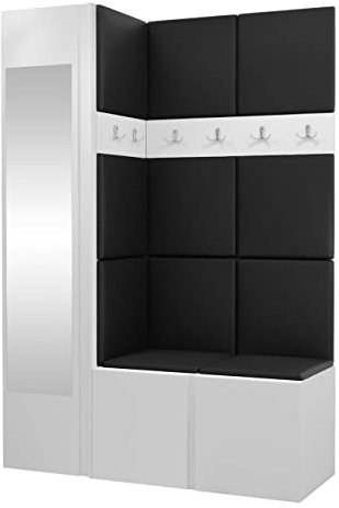 Mirjan24 Garderoben-Set Monati X, Kleiderschrank mit Spiegel, Schuhschrank + 2X Kleiderhakenbrett Gepolstertes Paneel/Wandpaneel, 6 Doppelhaken Flurgarderobe, Wandgarderobe (Weiß, Soft 011)