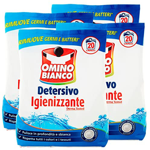 Omino Bianco Lessive Machine à laver en poudre désinfectante avec antibactérien élimine les germes et les bactéries 20 lavages - 4 boîtes de 1100 g chacune