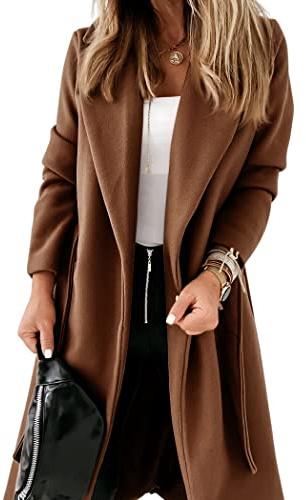 Ladiyo Womens Classic Coat Lapel Collar Open Front Belted Long Jacket