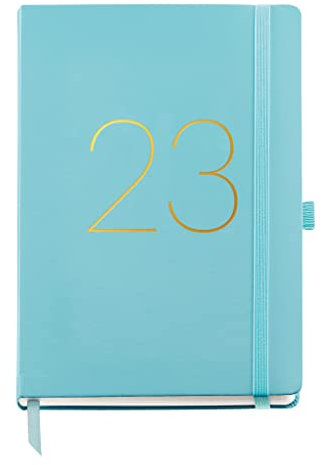 Miquelrius - Jahresplaner 2023 - Tag Seite - Plus Größe 155 x 213 mm (ca. A5) - Hartschalenhülle aus Kunstleder genäht - Gummizug - Katalanisch, Englisch und Portugiesisch - Aquamarin