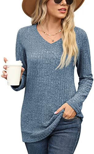 PrinStory Damen Langarmshirts V-Ausschnitt Sweatshirt Lässig Tunika Einfarbig Pullover
