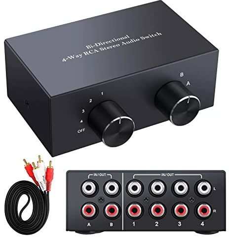 XMSJSIY 4-Wege Bi-Directional L/R RCA Stereo Audio Schalter 2 in 4 Out oder 4 in 2 Out RCA Audio Switch L/R Sound Channel Selector Switch Box für DVD Stereo Lautsprecher CD Player | RCA Switch L/R Sound Channel Audio Splitter Selector Box for DVD Stereo Speaker CD Player