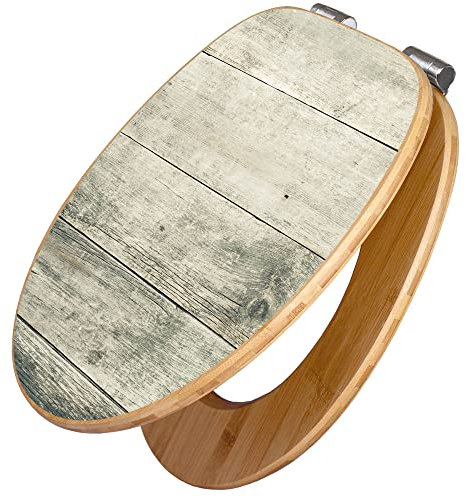 banjado Design WC Sitz Bambus Absenkautomatik 45,8x37,5cm / Toilettendeckel mit Absenkautomatik Holz/hochwertiger Bambus Klodeckel/WC-Sitz für gängigen Toiletten/Motiv Graue Planken