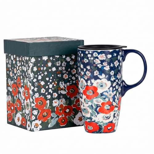 DUSVALLY 17oz Ceramic Mug with Lid - Large Coffee Cup for Office, Home & Cafe, Red and White Floral Porcelain Cup for Latte, Tea and Cocoa