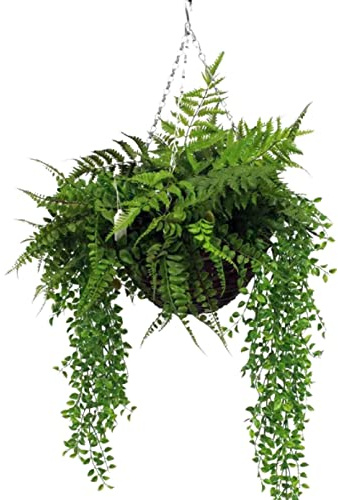 Blooming Artificial Outdoor Plant, Weather Resistant, Faux Decorative Foliage, Easy Care, Perfect for Gardens and Patios (Forest Foliage Hanging Basket) (Green) (35cm) t