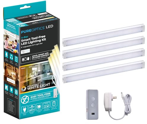PureOptics LED Works with Alexa Smart LED Under Cabinet Lighting Kit, Motion Sensor, Dimmable, 3 Color Settings, For Kitchen, Cabinets and Closets, (4) 9 Bars, White, A Device
