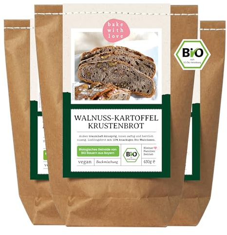 Bio Brotbackmischung Walnussbrot - Kartoffelbrot mit Weizen, Roggen & Walnüssen - Brotbackmischung für Brotbackautomat & Ofen - Brot selber backen - Bake with Love - 3er Pack