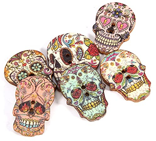Holzknöpfe mit Totenkopf-Design, 50 Stück, 2,45 x 1,75 cm, Gemischte Farben, für Nähen und DIY-Bastelprojekte