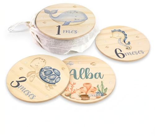 DEHOME - Placas Cumplemes Personalizadas con Nombre - Tarjetas Hito Bebé Madera Pino Natural 4mm - Impresión Directa sobre la madera - Regalo para Recién Nacido Hecho en Españao (Océano, Español)