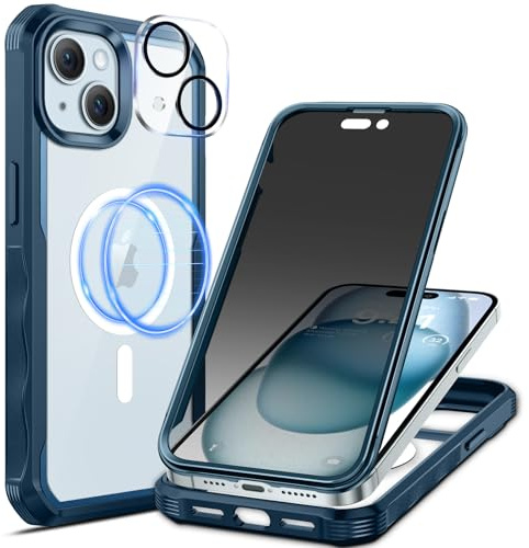 seacosmo Magnetic for iPhone 15 Case with Privacy HD Screen Protector, Blue | Compatible with MagSafe, Camera Lens Protector, Full Body Bumper Military-Grade Drop Protection Shockproof Clear Back Cover