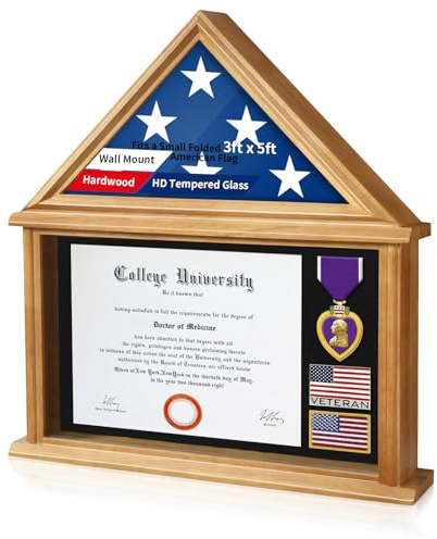 Solid Wood Flag Certificate Display Case with HD Tempered Glass for Small Folded 3'x5' American Flag(Not for 9.5'x5' Burial Flag), Veteran Military Shadow Box Felt-Lined Holder for Badge Medal, Walnut