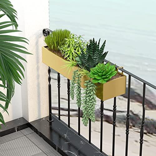 MOFGOE Jardinière rectangulaire en métal – Grand bac à Fleurs pour Balcon – Boîtes de Plantation pour Rail de terrasse – Pot de Fleur Suspendu en Fer,d'or,80x20x13cm
