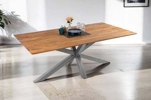 SAM Esstisch 180 x 90 cm Dean, Massivholztisch Eiche, Schweizer Kante, Esszimmertisch mit Spider-Gestell aus Metall Silber, pflegeleichter Holztisch