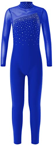 Kaerm Body da Ginnastica Artistica Ragazza con Strass Tuta Intera 1 Pezzo Bodysuit da Ballo Pattinaggio Costume di Danza Leotards Fitness Dancewear Blu reale 13-14 anni