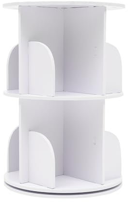 Wulimasun Drehbare Regale, 360 °, 2 Ebenen, drehbar, Bücherregal, vertikale Aufbewahrung, Studie, für Schlafzimmer, Büro, Wohnzimmer, Weiß