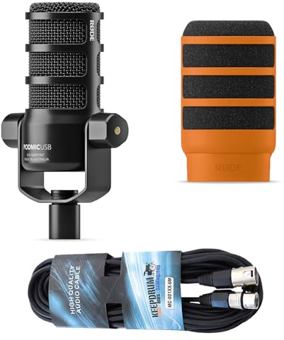 Rode Mikrofon Podmic USB mit WS14O Popschutz Orange und keepdrum XLR Kabel