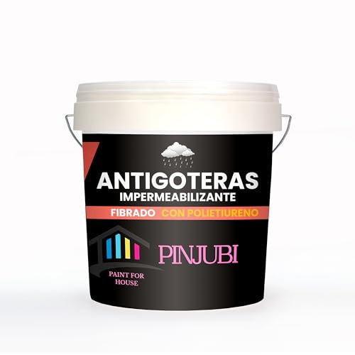 PINJUBI ANTIGOTERAS impermeabilización reforzada con fibras y poliuretano, Pintura acrílica ELASTICA para impermabilización de cubiertas y terrazas visitables, puenteo de fisuras. (BLANCO, 5 KG)