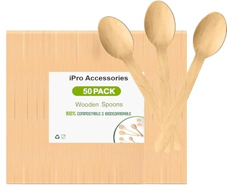 iPro Accessories Lot de 50 cuillères jetables en bois biodégradables et sans plastique – Idéales pour mariage, pique-nique, fête, bureau, respectueux de l'environnement (cuillère)