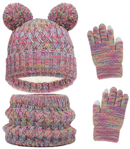 AWAVM Juego de gorro, bufanda y guantes de invierno para niños, 3 piezas, bufanda gruesa de punto con crochet esponjosa con pompón y gorro con borla, guantes de dos dedos con pantalla táctil para