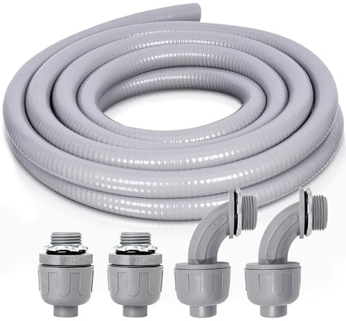 Feotech 1 Inch 15 FT Non Metallic Liquid-Tight Conduit and Connector Kit - Includes 2 Straight and 2 Angle Fittings for Electrical Wiring