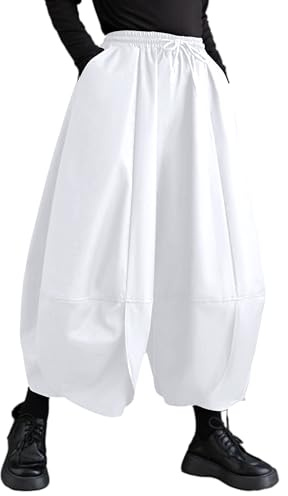 Women's Puffy Drawstring Elastic Waist Drop Crotch Hakama Harem Balloon Wide Leg Pants GZ81 White L