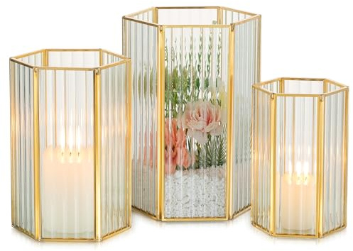 Staymoment Kerzenständer Gold Kerzenhalter Stumpenkerzen: 3er Set Windlicht Glas Tischdeko Laterne Deko modern für Hochzeit Wohnzimmer Badezimmer