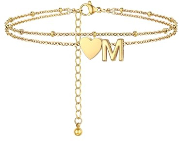 PROSTEEL Gold Fußkette für damen, Doppelte Herz Fußkettchen mit Buchstabe A-Z, 18k Vergoldet Fußschmuck für Mädchen Frauen
