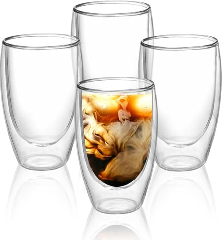 GOEDCH Verres à latte macchiato à double paroi : 4 pièces 450 ml Verres à café à double paroi en verre borosilicate, tasses à café isolées, tasses à café glacé cappuccino pour cappuccino, latte, thé