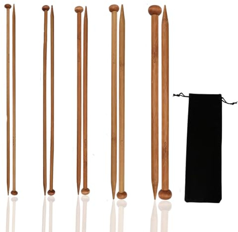 10 Pcs Bamboo Knitting Needles Set, Smooth Wooden Knitting Needles with Velvet Storage Bag, Perfect for Scarves, Hats and Baby Sweaters, Includes 5 Sizes for Various Knitting Projects
