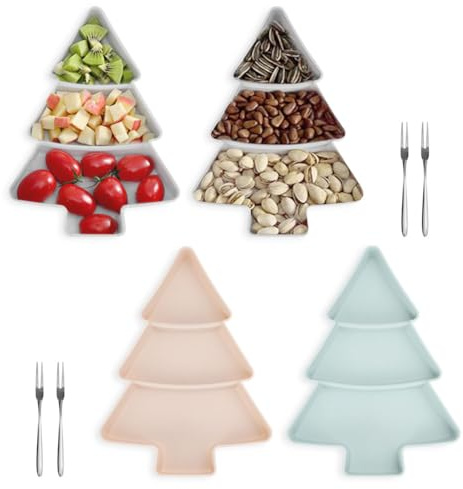 4 Stück Weihnachtsteller Snack Teller in Weihnachtsbaumform, Plätzchenteller Weihnachten Teller Keksteller Weihnachten mit Gabeln, Servierplatte Weihnachtsbaum Kunststoffteller für Süßigkeiten Nüsse