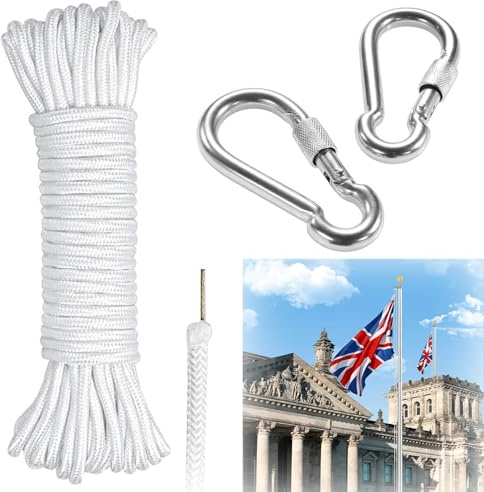 Flag Pole Rope Replacement Kit - Heavy Duty 8mm (5/16) Diameter x 20m (65ft) Long Polyester Halyard with Steel Core & 2 Stainless Clips - UV Resistant Flagpole Rope