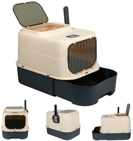 Bac à Litière pour Chat, Fermé, Maison de Toilette, Plateau Amovible, Pelle, pour Grand Chat, Capacité de Charge 15 kg, Anti-Traces, Anti-fuites, 37 x 49 x 37 cm (Noir)