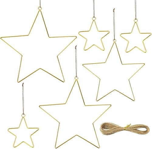 Tutamaz Metallstern Weihnachtsstern, 6 Stück Metallring Stern, Metall Stern zum Aufhängen mit 10m Juteschnur, Draht Sterne für Weihnachtsdeko Hochzeit Geburtstag Tischdeko Deckendeko Wanddeko