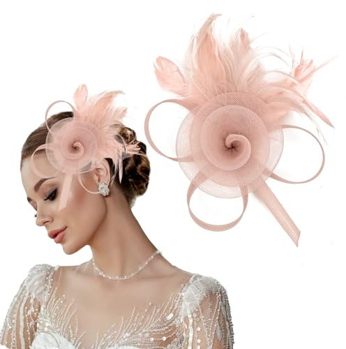 ELNX Fascinators in Rete con Fiore e Piuma | Cerchietto Fascinator con Clip | Accessorio Retro per Donne, Matrimoni, Cocktail e tè (Rosa Cipria)