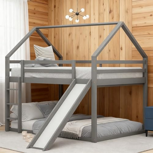 Dubbelsäng för barn 140 x 200 cm i grått | våningssäng i husform med rutschkana och stege | loftsäng med lek- och sovfunktion | Säkerhetsdesign för barnrum (grå)