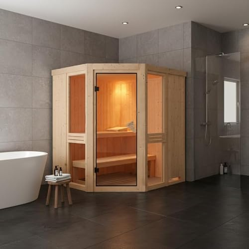 Karibu Amelia 1 | Sauna d'Angle Traditionnel en Bois Massif Épicéa 196x170 cm | 4-6 Places avec Fenêtres Verre Teinté | Poêle Électrique en Option | Système Isolation 68mm