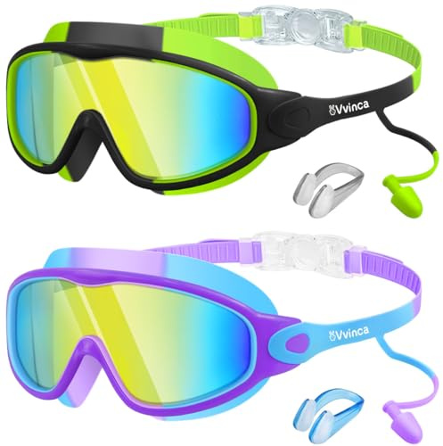 Vvinca Schwimmbrille Kinder mit Nose Clips, Taucherbrille Kinder für 3-14 Jahre Jungen Mädchen, Weitwinkel Anti-Beschlag/UV Schutz Wasserdichte Swimming Goggles Kids