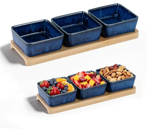 3er Dip Schalen Set aus Keramik mit Holzbrett, Servierschalen für Saucen, Dips, Snacks & Gewürze, Kleine Schüsseln für Vorspeisen & Desserts, Servier Set für Küche, Party & Tischdeko (Blau)
