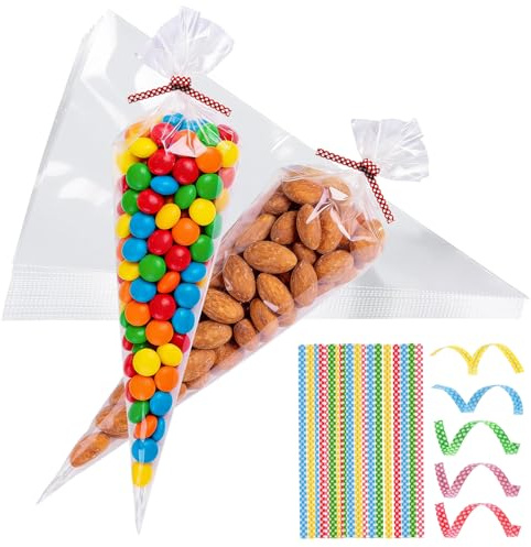 100 Stück Süßigkeiten Tüten, Spitztüten Cellophantüten mit 100 Twist Ties